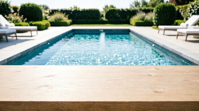 Wooden Table Top with Swimming Pool View for Product Display