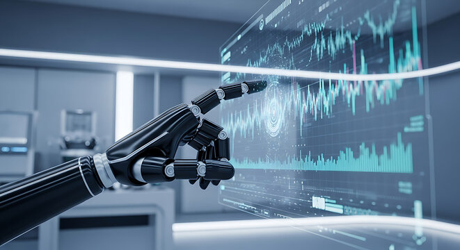 Robotic hand analyzing financial data on futuristic digital screen with holographic showing financial
