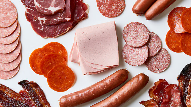 A vibrant overhead shot displaying an assortment of deli meats, sausages, and bacon, neatly arranged against a clean white background, highlighting freshness and variety