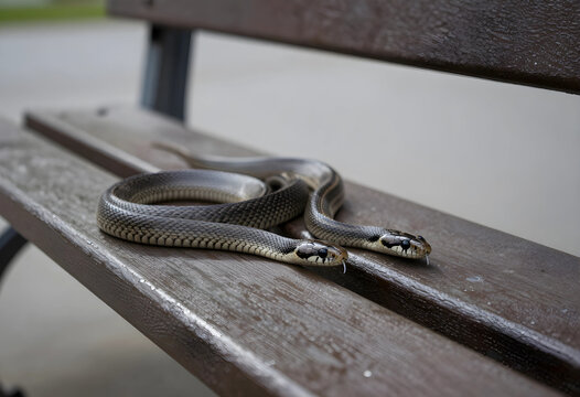 Two non-venomous rat snakes with striped patterns resting on a weathered wooden park bench outdoors, Their heads are visible, with one snake extending its forked tongue