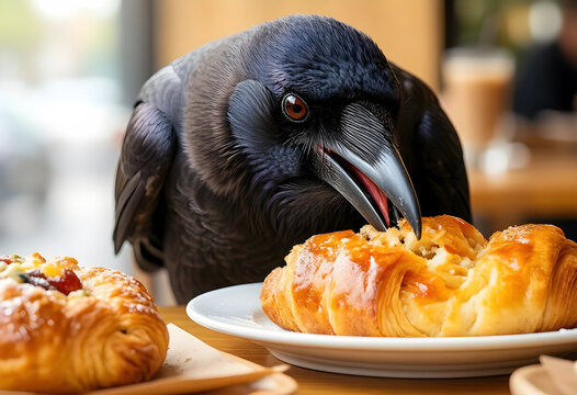 Black crow eating a pastry from a white plate on a wooden table in a cafe, urban wildlife and food interaction