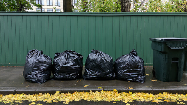 Four black garbage bags and a waste bin on a wet sidewalk beside a green fence, with fallen yellow leaves, depicting urban waste management