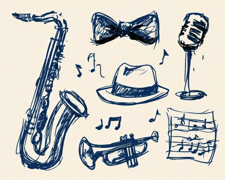Set of handdrawn jazz music icons, blue ink sketch style illustrations including saxophone, bow tie, microphone, hat, musical notes, trumpet, and sheet music