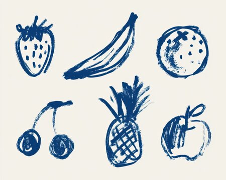 Set of handdrawn fruits including strawberry, banana, orange, cherry, pineapple, and apple in a rough sketch style