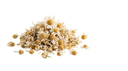 Dried chamomile flowers for herbal tea, organic medicinal chamomile blossoms, heap of natural dried daisy herbs for wellness isolated PNG with Transparent Background © FacelessFame