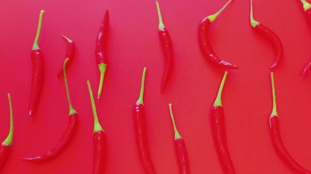 Red bird eye chili peppers with green stems flat lay arrangement on a bright red background