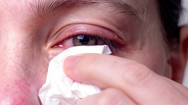 Person dabbing irritated eye with tissue. Extreme close-up of red inflamed eye with tear running down cheek.