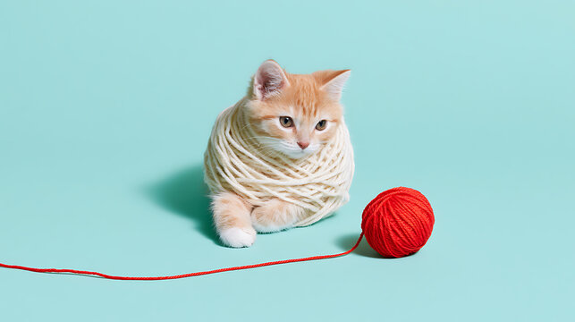 Charming domestic cat kitten, Felis catus, entangled in white yarn with a red ball on a bright, minimalist aqua background