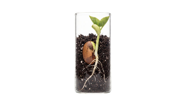 Sprouting bean plant in glass jar with visible roots and soil. Young green seedling growing from seed. Botany and biology education concept. isolated PNG with Transparent Background