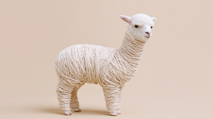 Naklejka premium Creative Alpaca Art: Adorable Woolen Creature with Yarn Body on a Minimalist Beige Background, Concept for Textile and Craft