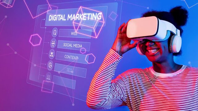 A young woman joyfully explores virtual reality technology for digital marketing, showcasing bright visuals and interactive elements in a vibrant setting. Raster