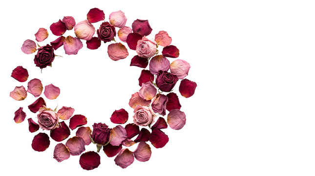 Romantic rose petal wreath, circular floral frame with dried pink and burgundy roses, elegant botanical border for wedding invitations isolated PNG with Transparent Background