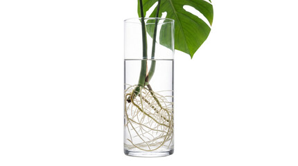 Monstera deliciosa plant propagation in glass vase, tropical leaf with roots in water, minimalist botanical home decor isolated PNG with Transparent Background © FacelessFame
