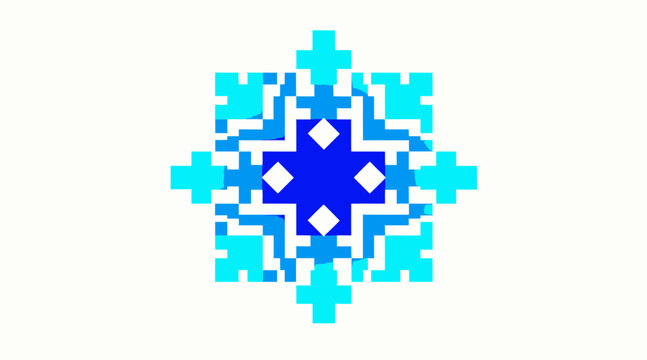 Blue pixel art snowflake winter holiday icon.