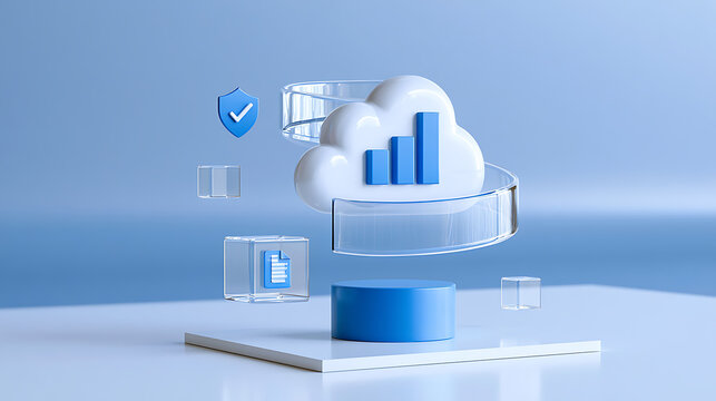 Abstract cloud computing concept with data analytics, security, and document storage icons on a pedestal, symbolizing digital transformation and growth