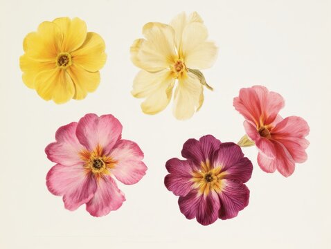 Five colorful primrose flowers isolated on white background