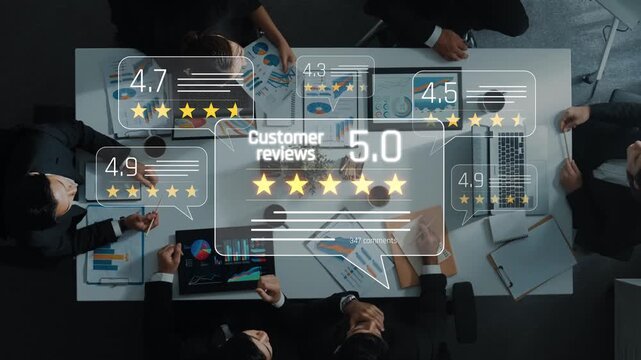 A business team collaborates in a modern office, analyzing customer reviews and ratings to enhance strategies and improve decision-making processes. Raster