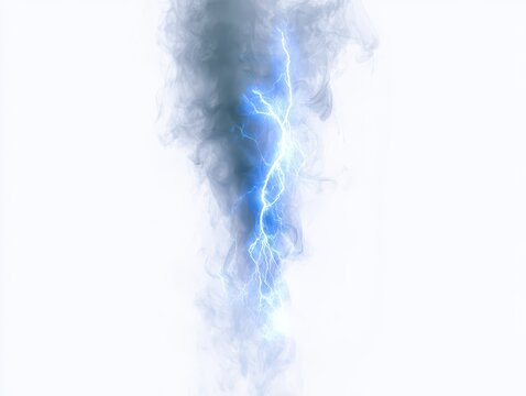 Abstract digital illustration of a powerful lightning bolt striking through a swirling column of dark smoke isolated on white background