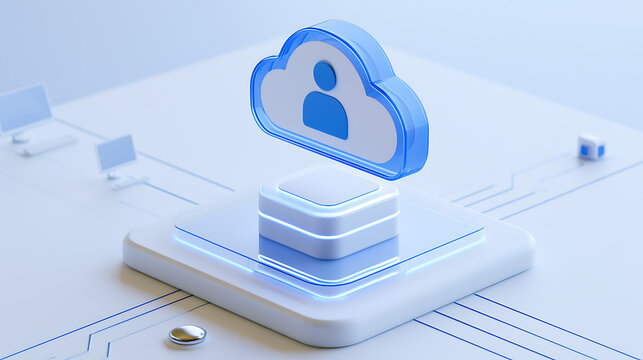 Abstract cloud computing concept with a prominent user icon, data storage, and network connections in a clean, minimalist 3D render