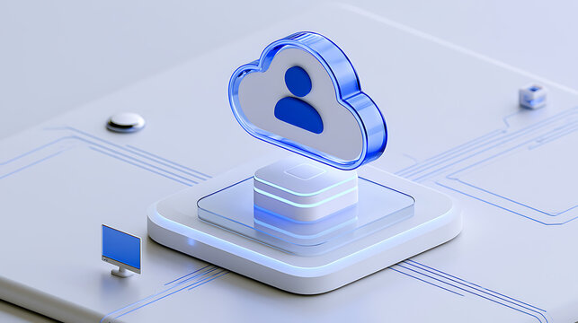 Modern 3D render of a cloud computing icon with user profile, depicting digital data storage, network connection, and technology