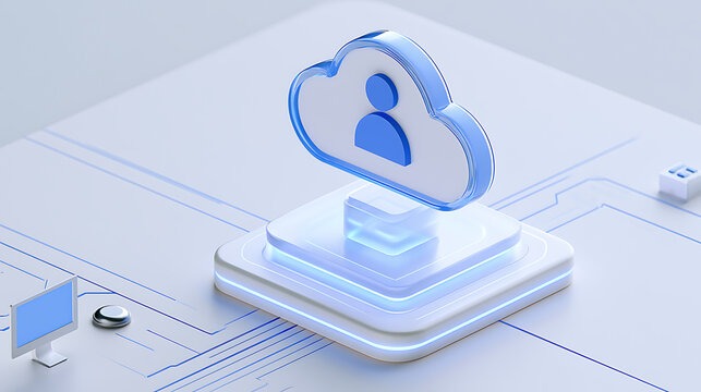 Cloud Computing and User Account Concept: A sleek 3D render of a cloud icon with a user symbol, representing data storage and access