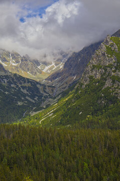 High Tatras mountain valley panorama, majestic rocky peaks, deep pine forest (Picea abies), dramatic cloudy sky with blue patch, Slovakia nature