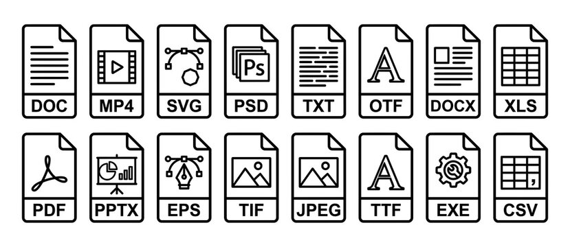 Common file format and document extension icons collection vector design elements for graphic resources.