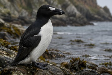 Fototapeta premium Ultra-realistic wildlife documentary reconstruction of the extinct Great Auk (Pinguinus impennis) standing naturally on a remote rocky North Atlantic coastline, surrounded by cold ocean waters