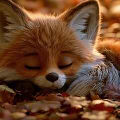 Naklejka premium An expressive fox character curls up and sleeps in a pile of colorful autumn leaves under soft sunlight in a forest setting.