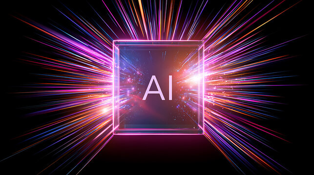 Abstract Digital Cube with Glowing Light Rays Represent Future Technology, Artificial Intelligence, and Innovation in a Dynamic, Energetic Display