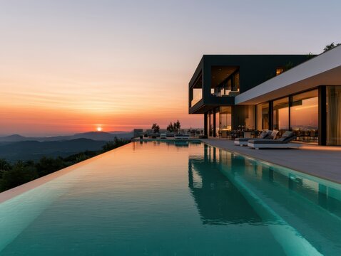 Luxury villa with infinity pool overlooking a sunset landscape