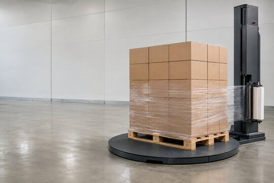 Automatic pallet stretch wrapping system in modern warehouse with copy space