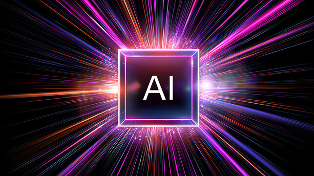 Abstract computer chip with AI text, surrounded by vibrant light rays and technological glow, symbolizing artificial intelligence power and speed