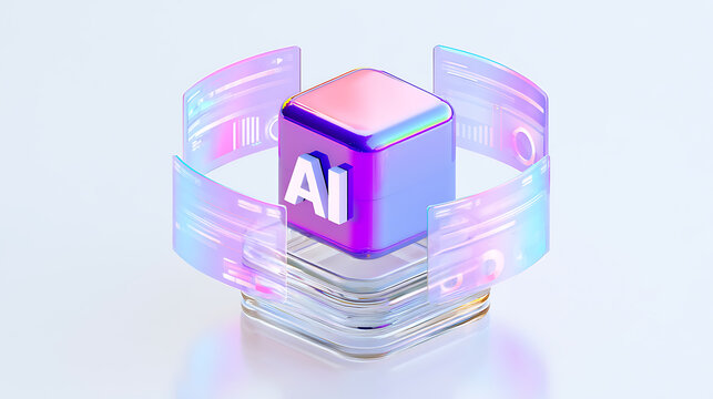Vibrant 3D Render of Artificial Intelligence Cube with Holographic Data Screens for Modern Technology and Future Concepts Illustration