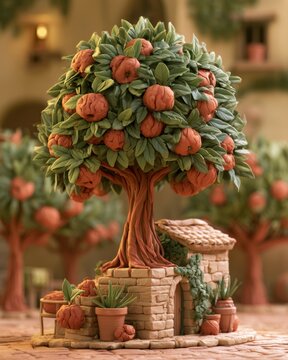 A clay apple tree filled with lumpy fruit stands near small pots and a cozy building in a bright orchard under warm sunlight.