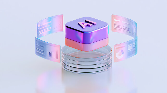 Abstract artificial intelligence concept with modern AI button on a circular platform and holographic data screens, symbolizing advanced technology