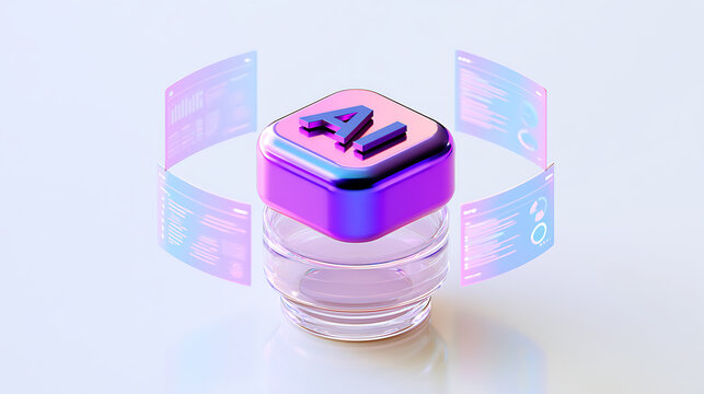 Abstract display of artificial intelligence concept with metallic purple AI icon on clear stand and surrounding data screens in a digital environment