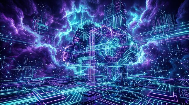 Futuristic digital landscape with glowing neon circuit board patterns, abstract data structures, and swirling purple and blue nebula clouds in cyberspace