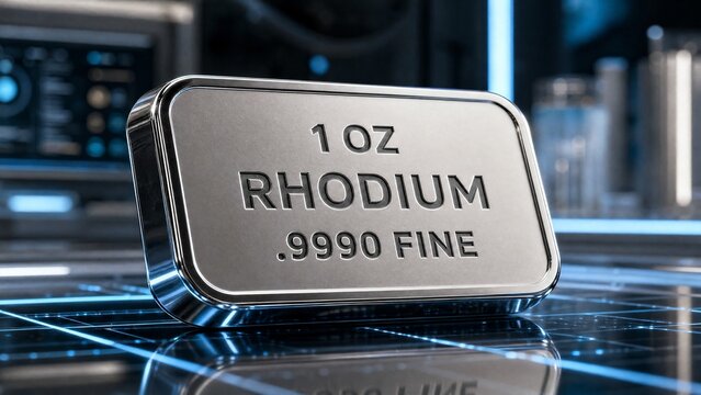 1 Oz Fine Rhodium Bullion Bar on Futuristic Tech Surface with Blue LED Grid