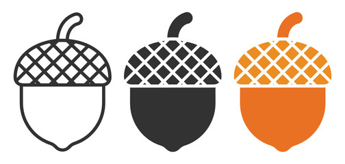 acorn icons in outline, filled, and flat color style on transparent background © Artur