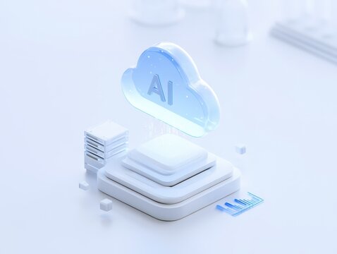 3d render of a glass cloud icon with ai text floating above a server rack and data platform, isolated on white background