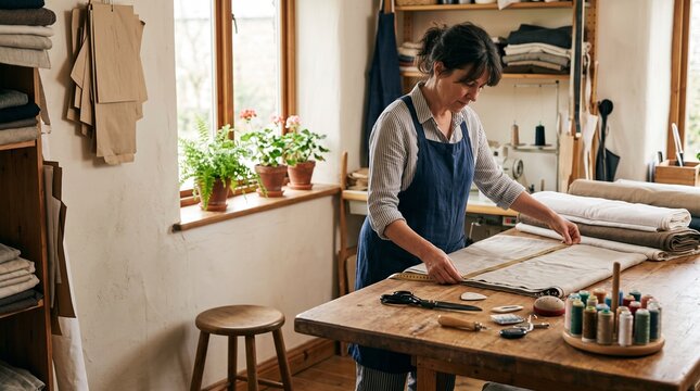Tailor measuring fabric in small independent sewing studio