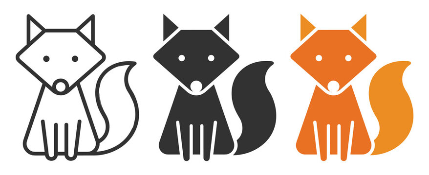 fox icon set including outline, filled, and flat orange vector animal illustrations on transparent background