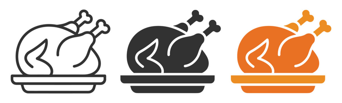 roasted chicken icon set in line solid and flat style for food and cooking on transparent background