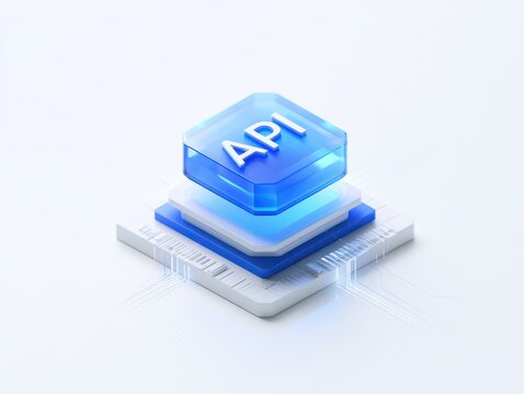 3d render of a blue glass api block resting on a layered technological chip base, futuristic computing concept, isolated on white background