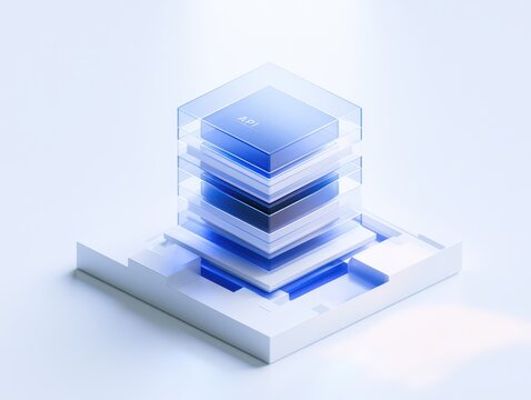 3d render of a tall layered api server stack inside a glass enclosure on a white base, data management concept, isolated on white background