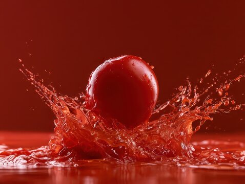 A red tomato splashing into a pool of red liquid against a solid red background