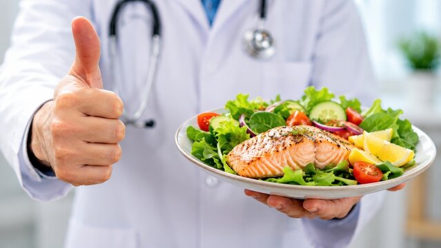  M&auml;nnlicher Ern&auml;hrungsberater im Arztkittel zeigt Daumen hoch und pr&auml;sentiert einen Teller mit Lachs und Salat, Konzept f&uuml;r Di&auml;t und gesunde Ern&auml;hrung