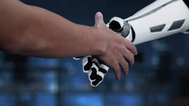 A human hand reaches towards a robotic hand in an office setting, illustrating the blend of technology and communication, perfect for modern business themes. Synapse