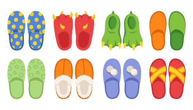PrintCute vector slipper collection featuring cozy winter footwear home shoes monster claws polka dots and furry flip flops